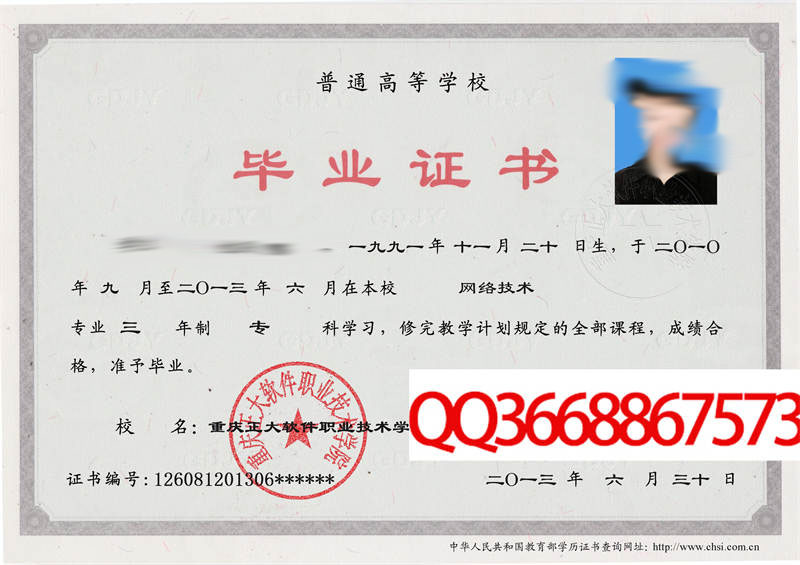 重庆正大软件职业技术学院2013年毕业证样本