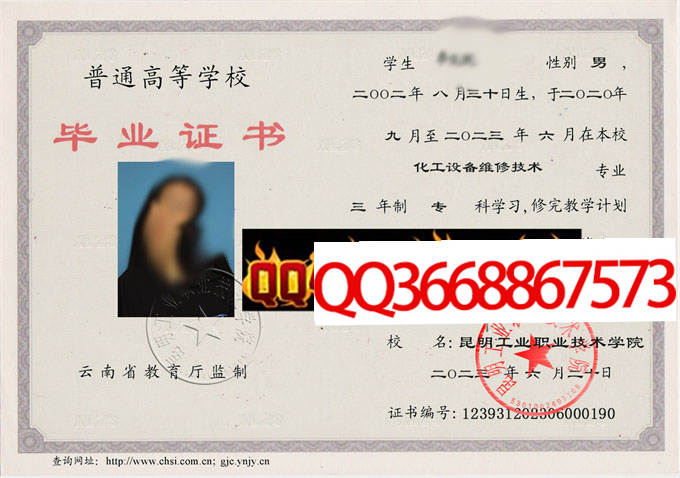 昆明工业职业技术学院2022年毕业证样本